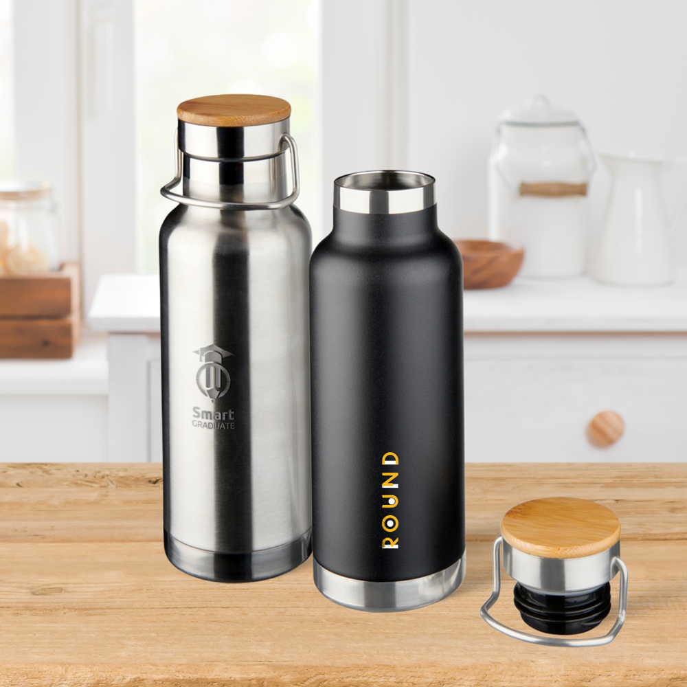 Double-walled Vacuum Bottle with Screw-on Lid with Wood Detail | 480 ml